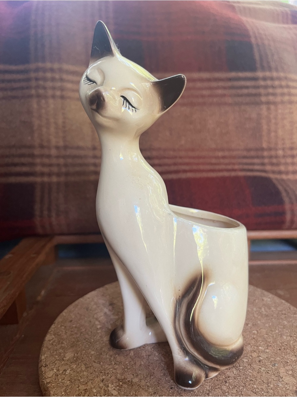 1960s Vintage Ceramic Cat Planter - Cream and Brown